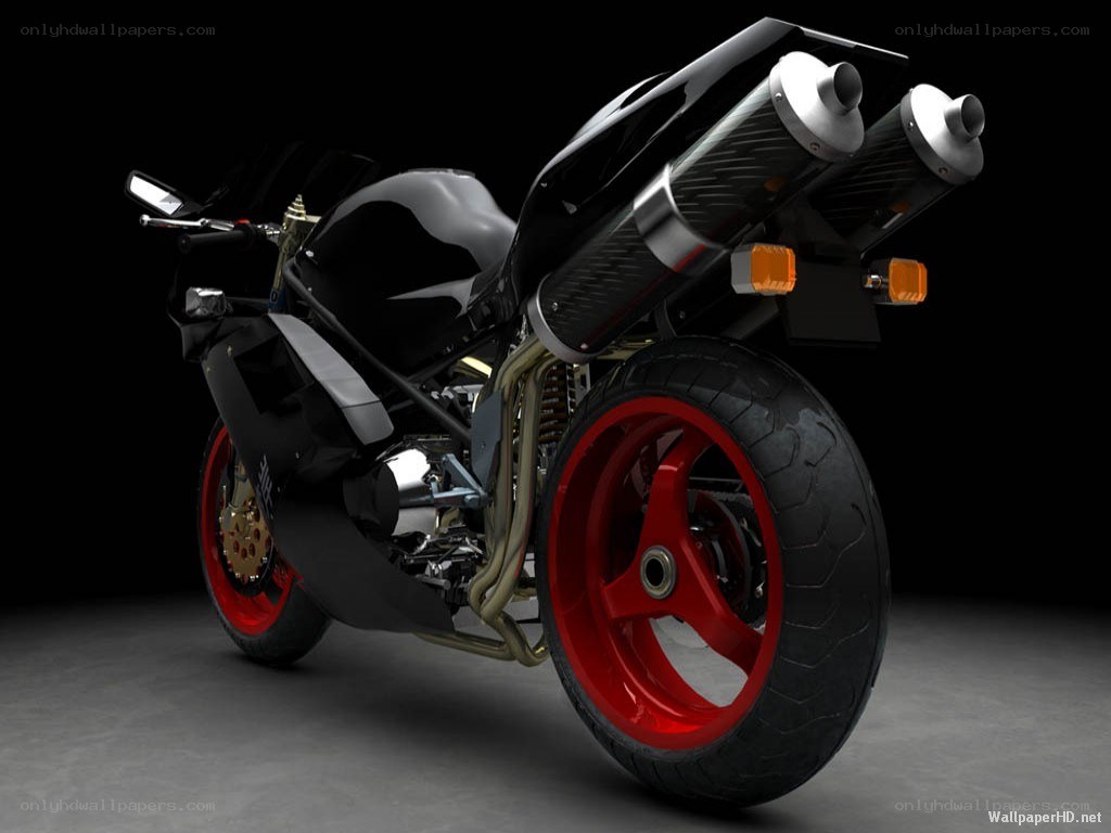 black sport motorcycle with red wheels