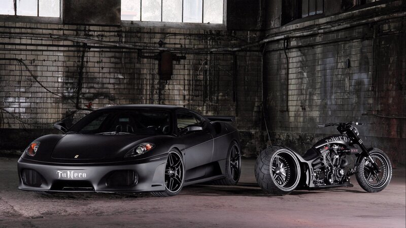 Black Sports Car and Motorcycle — Dramatic, Photograph