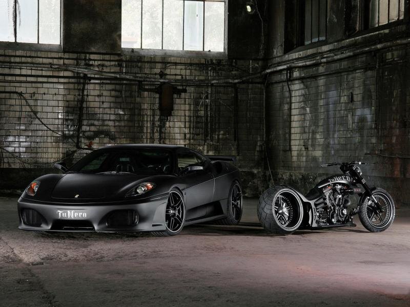 Black Sports Car and Motorcycle — Gray
