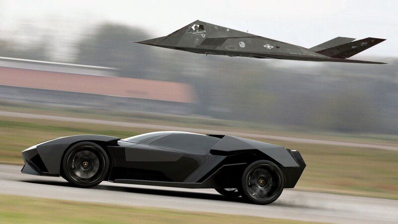 Black sports car and stealth jet