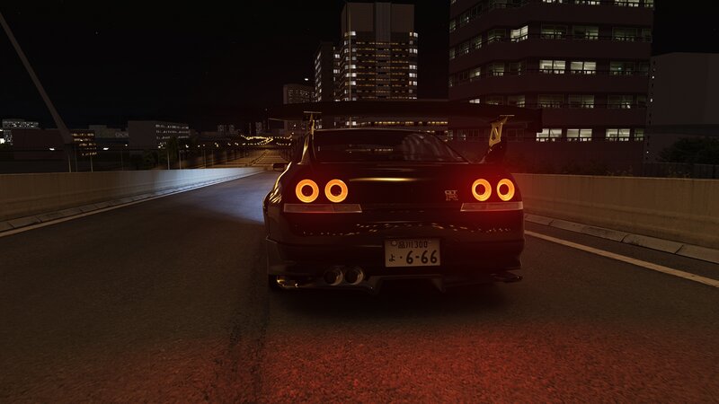 Black Sports Car at Night — Dark, 3d Render, City Buildings