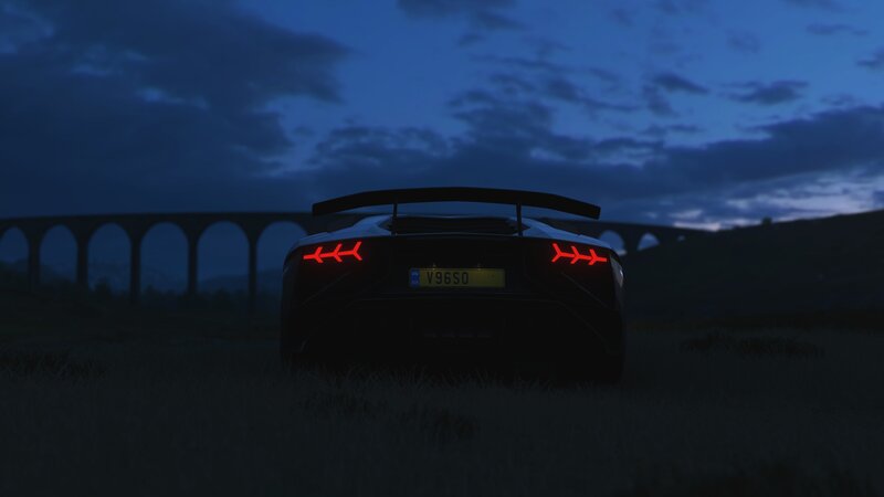 Black Sports Car — Blue, Dramatic, Night, 3d Render, Bridge, Grass
