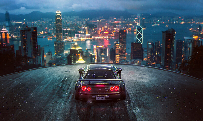 Black Sports Car — Blue, Dramatic, Night, Digital Art, City Skyline
