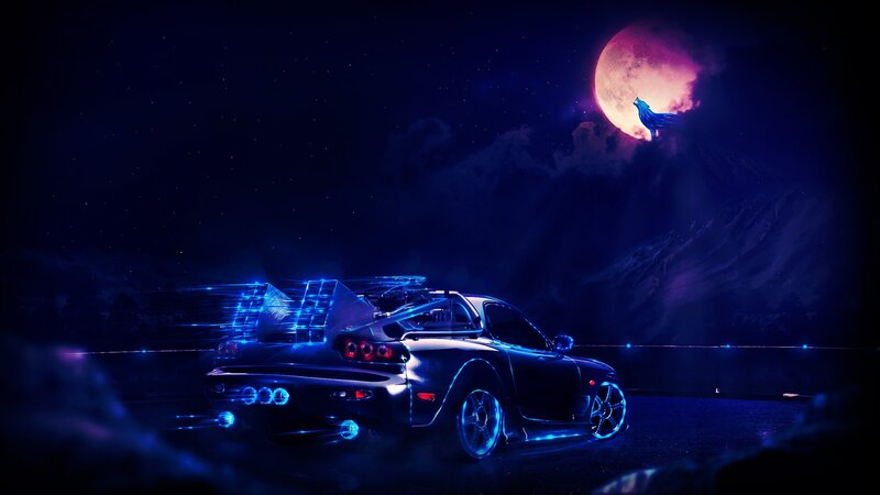Black Sports Car — Blue, Dramatic, Night, Digital Art, Moon