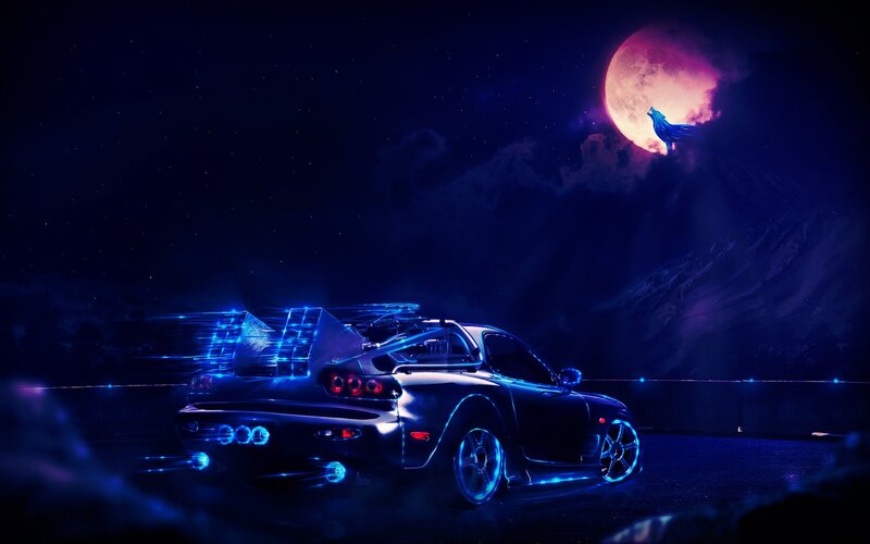 Black Sports Car — Blue, Dramatic, Night