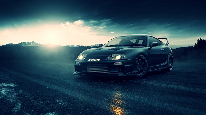 Black Sports Car — Blue, Dramatic, Sunset, Photograph, Mountains