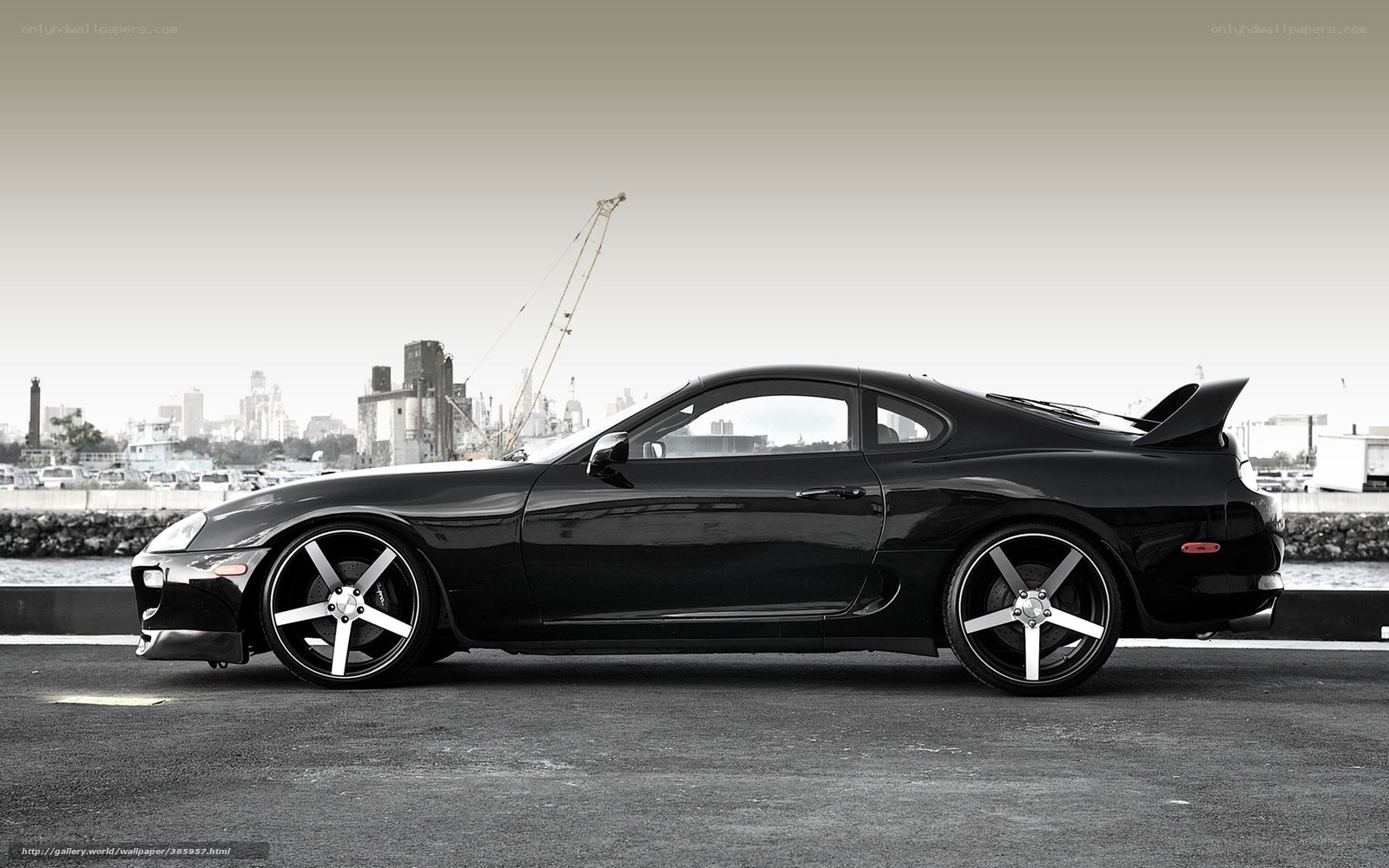 Black sports car by the harbor