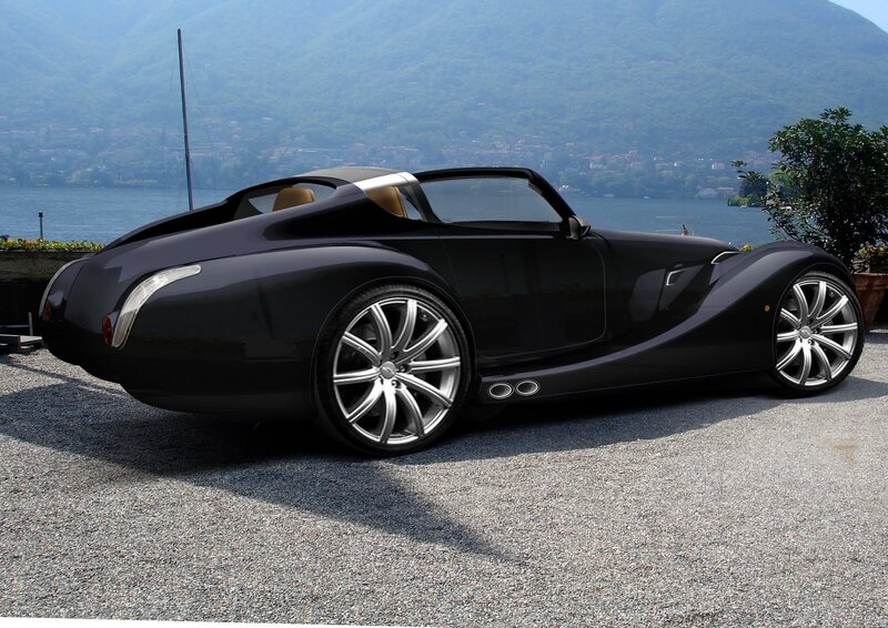 Black sports car by the lake