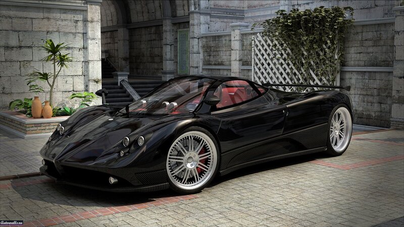 Black Sports Car — Calm, Afternoon, 3d Render, Stone Building, Potted Plants