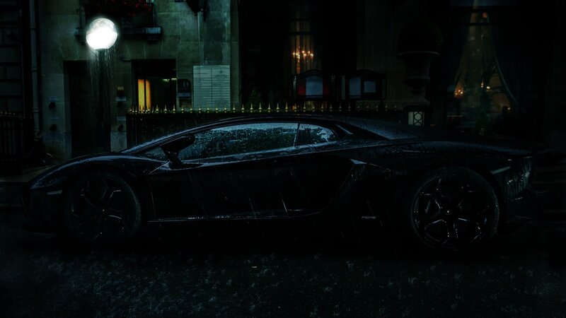 Black Sports Car — Dark, Dramatic, Night, 3d Render, Street Light