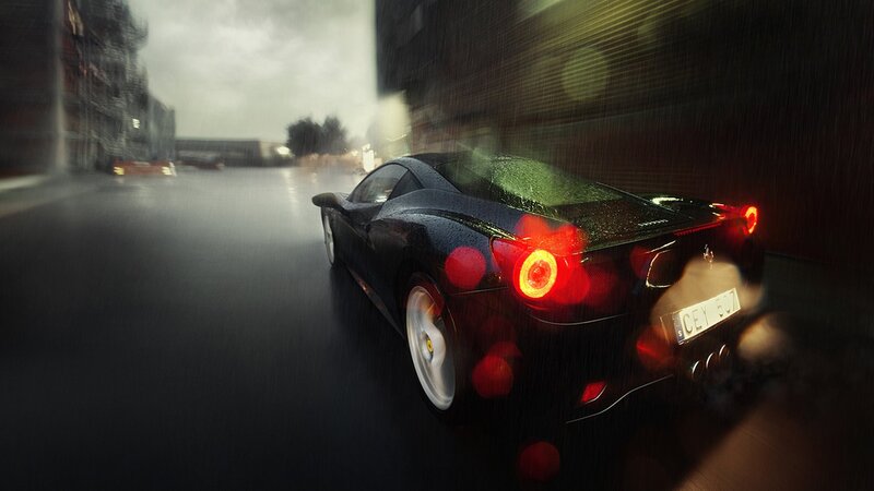 Black Sports Car — Dark, Night, 3d Render, Rain
