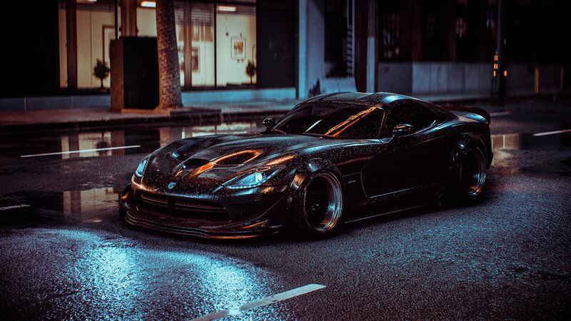 Black Sports Car — Dark, Night, 3d Render, Wet Street