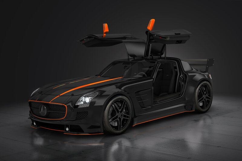 Black Sports Car — Dramatic, 3d Render, Orange Accents, Gullwing Doors