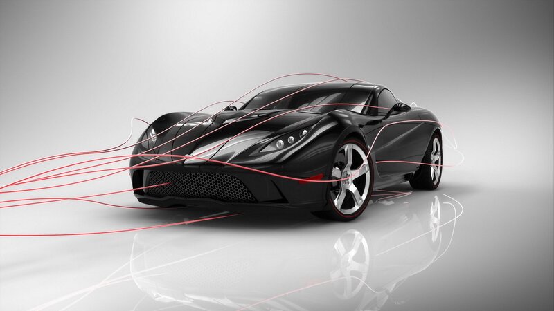 Black Sports Car — Dramatic, 3d Render, Red Lines, Reflection, Grille