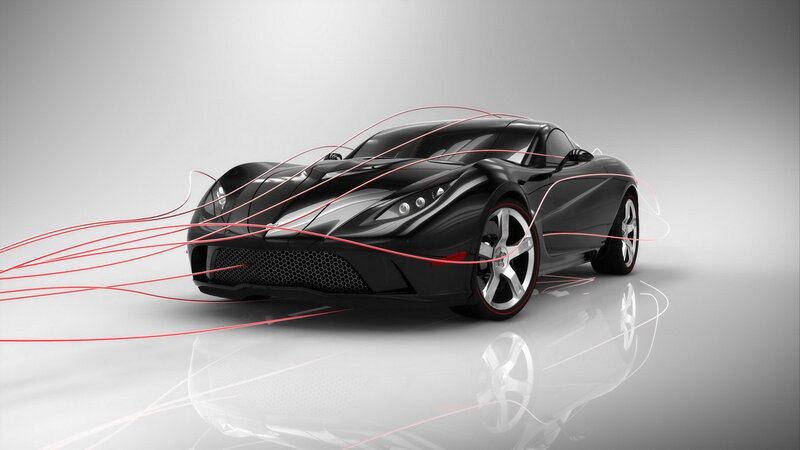 Black Sports Car — Dramatic, 3d Render, Red Lines, Reflection