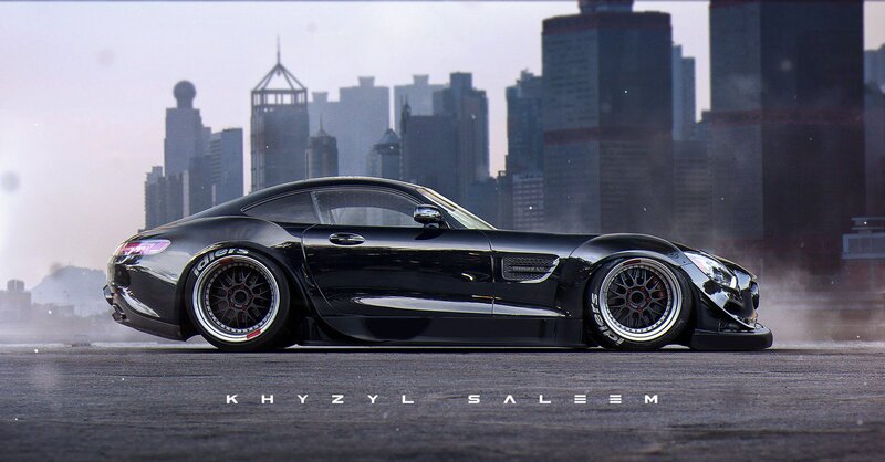 Black Sports Car — Dramatic, Afternoon, Digital Art, City Skyline, Tire Smoke