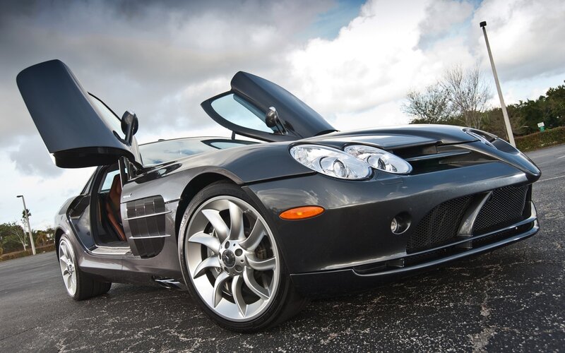 Black Sports Car — Dramatic, Afternoon, Photograph, Open Doors, Parking Lot