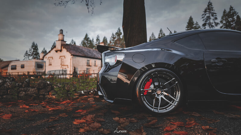 Black Sports Car — Dramatic, Autumn, Photograph, House
