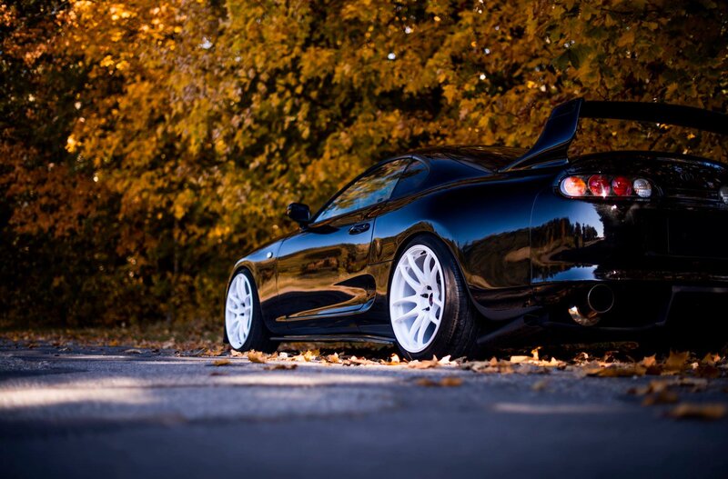 Black Sports Car — Dramatic, Autumn, Photograph, Trees