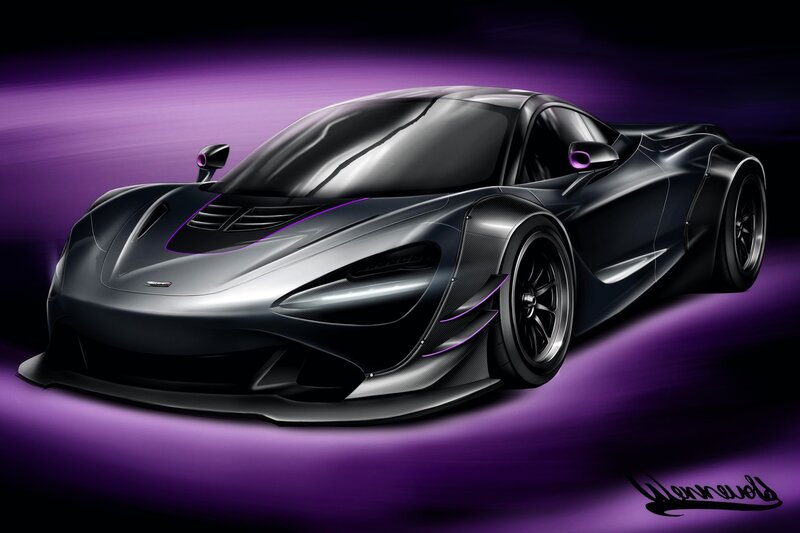 Black Sports Car — Dramatic, Digital Art, Purple Light
