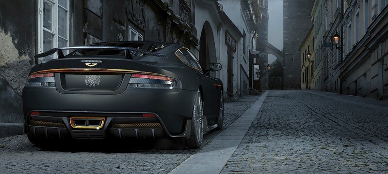 Black Sports Car — Dramatic, Night, 3d Render, Cobblestone Street