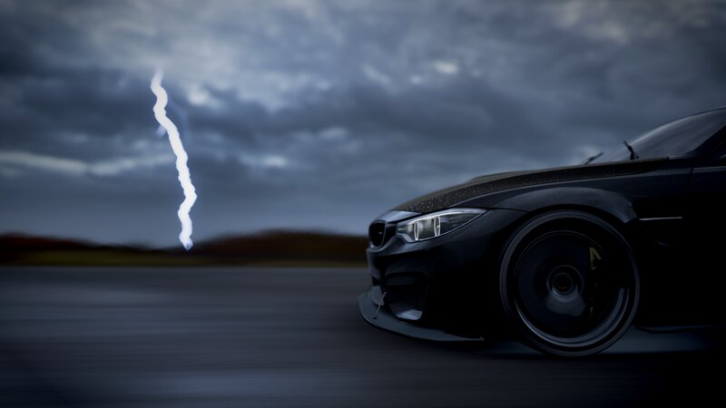 Black Sports Car — Dramatic, Night, 3d Render, Lightning