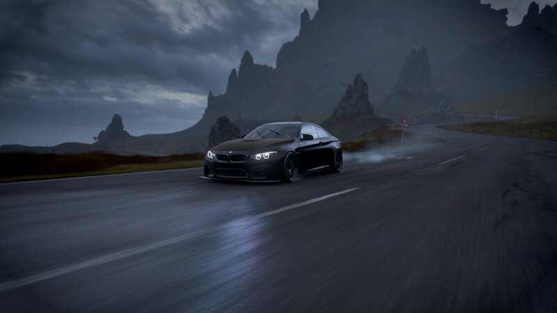 Black Sports Car — Dramatic, Night, 3d Render, Road, Mountains