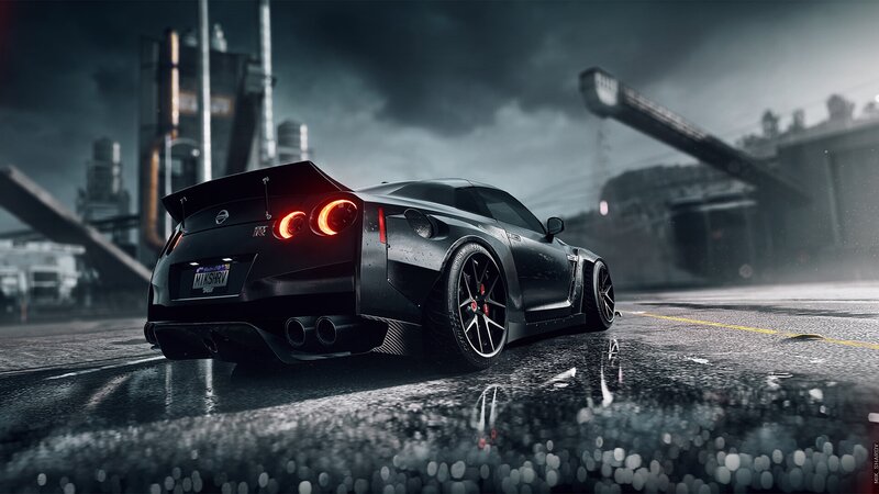 Black Sports Car — Dramatic, Night, 3d Render, Wet Pavement, Industrial Buildings