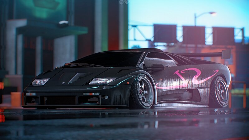 Black Sports Car — Dramatic, Night, 3d Render, Wet Pavement