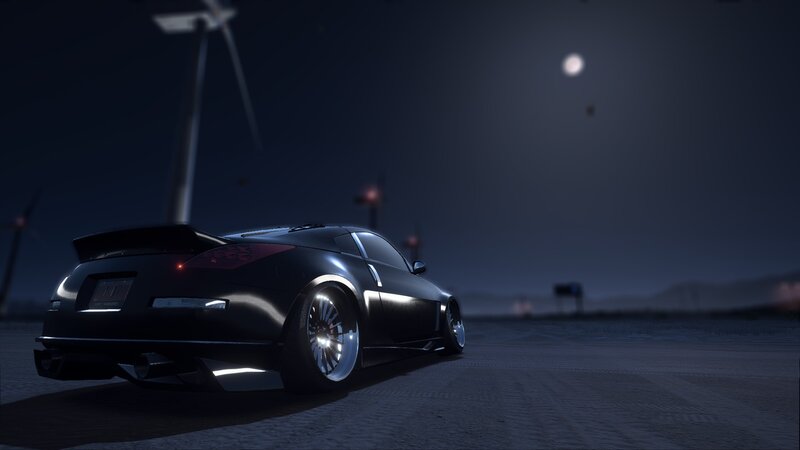 Black Sports Car — Dramatic, Night, 3d Render, Wind Turbines, Moon