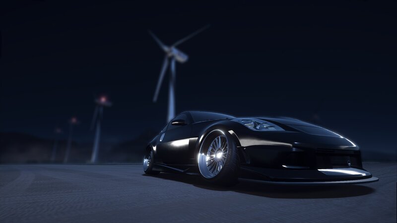 Black Sports Car — Dramatic, Night, 3d Render, Wind Turbines
