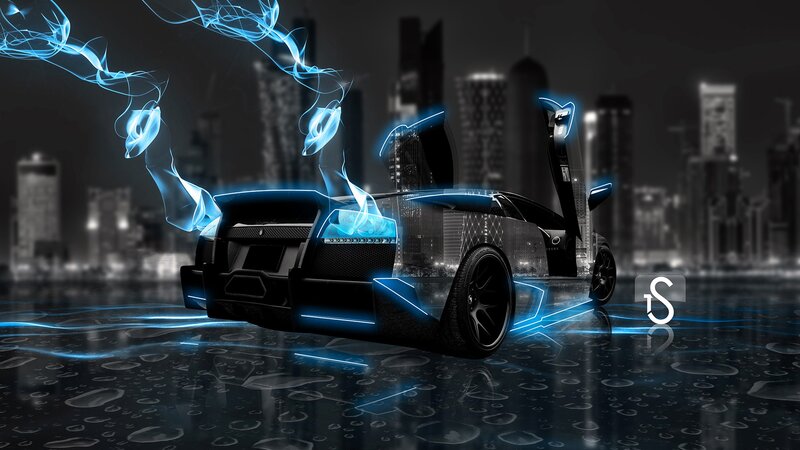 Black Sports Car — Dramatic, Night, Digital Art, City Skyline, Blue Light Effects