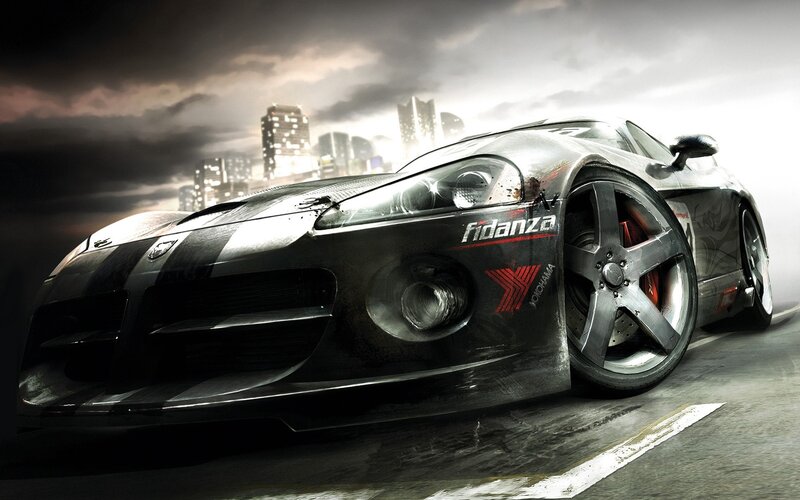 Black Sports Car — Dramatic, Night, Digital Art, City Skyline, Wet Road