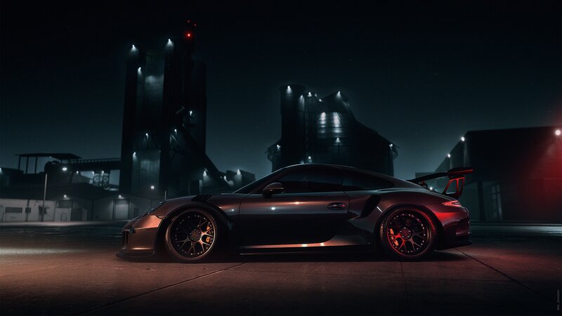 Black Sports Car — Dramatic, Night, Digital Art, Industrial Buildings