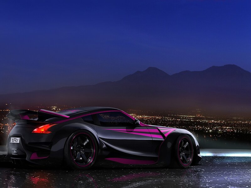 Black Sports Car — Dramatic, Night, Digital Art, Mountains, City Lights