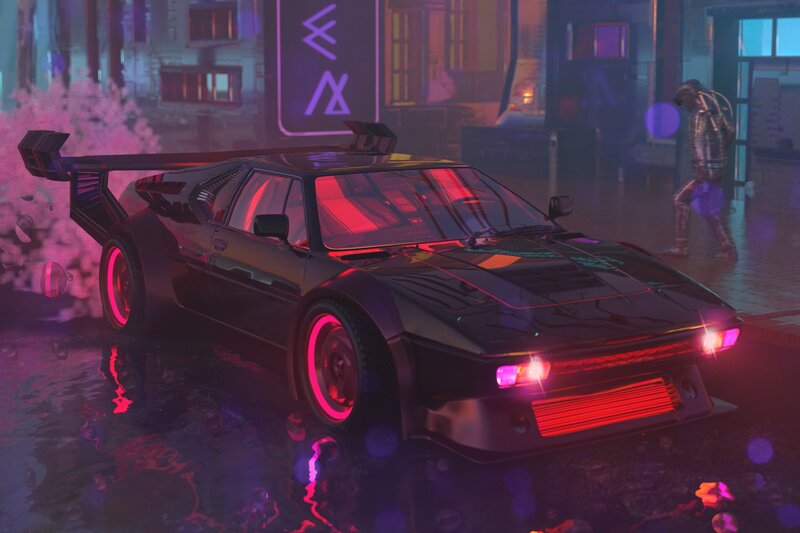 Black Sports Car — Dramatic, Night, Digital Art, Neon Lights