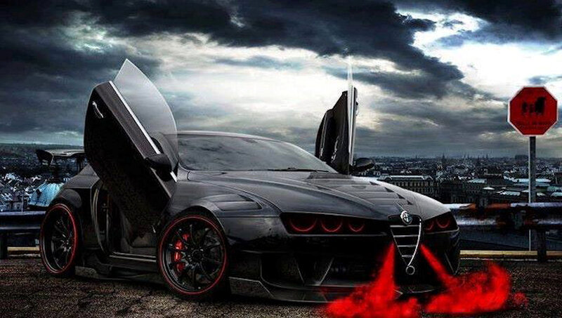 Black Sports Car — Dramatic, Night, Digital Art, Open Doors