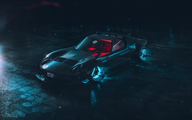 Black Sports Car — Dramatic, Night, Digital Art, Wet Pavement