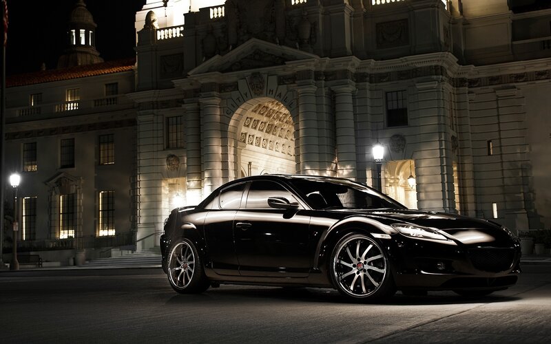 Black Sports Car — Dramatic, Night, Photograph, Building, Streetlights, City Hall