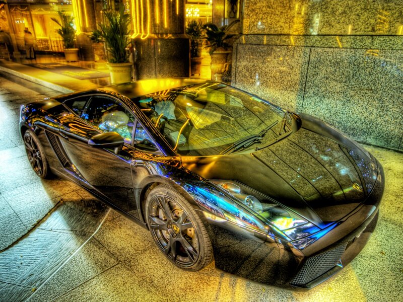 Black Sports Car — Dramatic, Night, Photograph, Building