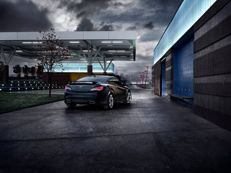 Black Sports Car — Dramatic, Night, Photograph, Building, Tree
