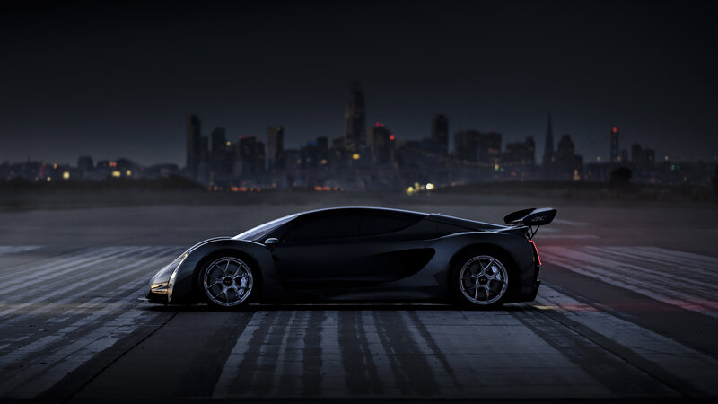 Black Sports Car — Dramatic, Night, Photograph, City Skyline