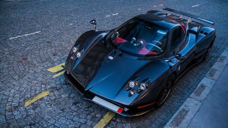 Black Sports Car — Dramatic, Night, Photograph, Cobblestone Street