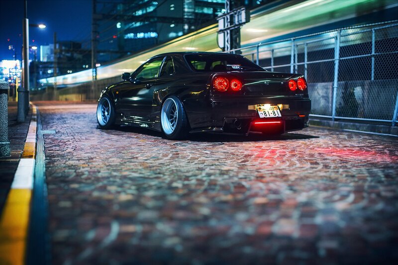 Black Sports Car — Dramatic, Night, Photograph, Cobblestone Street, Train