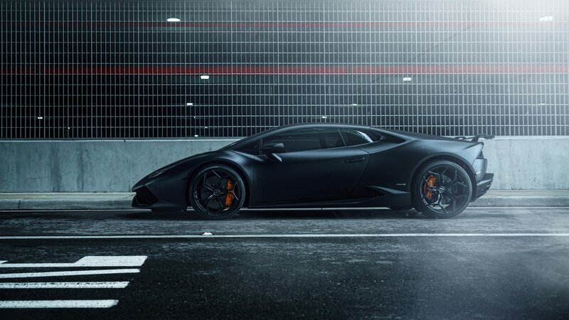 Black Sports Car — Dramatic, Night, Photograph, Concrete Wall, Tarmac