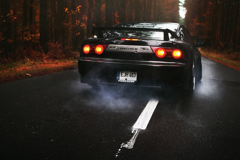 Black Sports Car — Dramatic, Night, Photograph, Forest Road