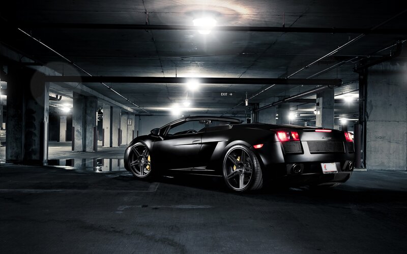Black Sports Car — Dramatic, Night, Photograph, Parking Garage, Lights, Gray