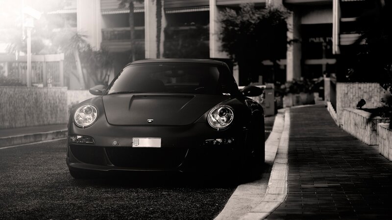 Black Sports Car — Dramatic, Night, Photograph, Sidewalk