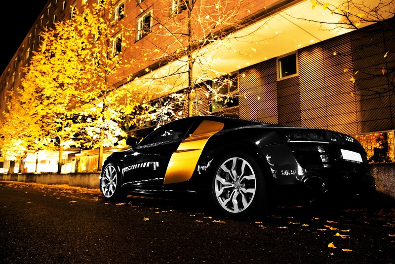Black Sports Car — Dramatic, Night, Photograph, Tree