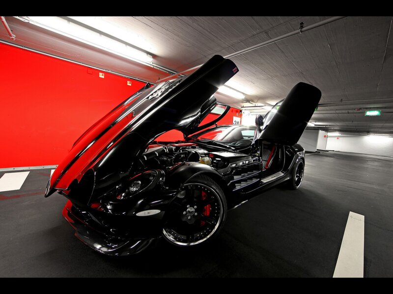 Black Sports Car — Dramatic, Photograph, Car Door, Engine Bay, Parking Garage, Red